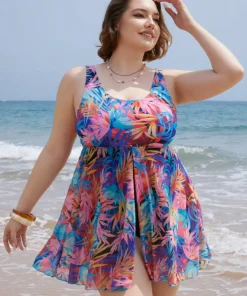 Tropical Print Ruffles Split Front Swim Dress