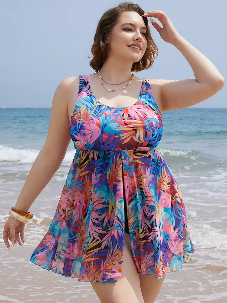 Tropical Print Ruffles Split Front Swim Dress 3 Tropical Print Ruffles Split Front Swim Dress