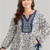 Boho Print Notched Knot Lantern Sleeve Blouse
