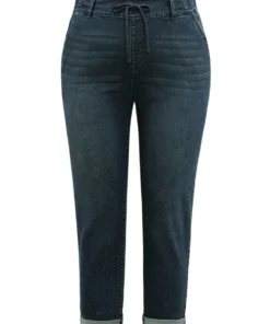 Plain Drawstring Front Roll Hem Jeans -Clothing Shop 647944483 wv