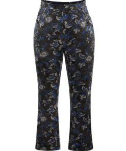 Velvet Floral Elastic Waist High Rise Bootcut Pants -Clothing Shop 64806724 nm