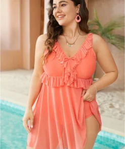Knotted Ruffle Trim V Neck Mesh Hem Swim Dress -Clothing Shop 648392396 yc