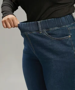 Solid Elastic Waist Pocket Full Length Jeans -Clothing Shop 648537015 ui