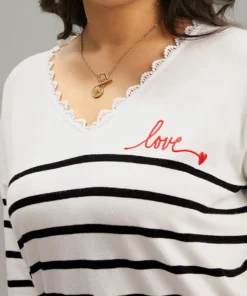 Supersoft Essentials Striped Letter Embroidered Lace Panel Pullover -Clothing Shop 648724172 zc