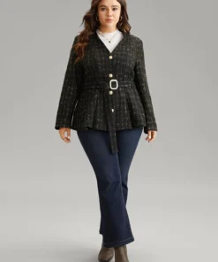 Tweed Metal Detail Belted V Neck Blazer -Clothing Shop 650174055 bu