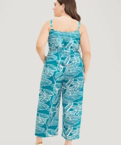 Plant Print Button Through Pocket Belt Cami Jumpsuit -Clothing Shop 650535921 he