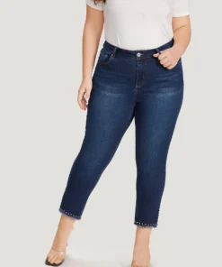 Plain Split Side Beaded Detail Dark Wash Jeans -Clothing Shop 650742664 yw