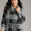Plaid Turtle Neck Drop Shoulder Pullover