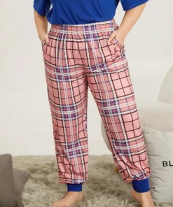 Plaid Pocket Elastic Waist Sleep Carrot Pants -Clothing Shop 652080555 pf