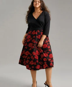 Silhouette Floral Print Patchwork Surplice Neck Dress -Clothing Shop 652603524 hf