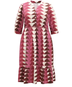 Geometric Shirred Button Up Ruffle Hem Dress -Clothing Shop 652978109 wi