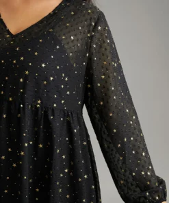 Star Glitter Mesh Lantern Sleeve Ruffle Dress -Clothing Shop 653053952 aq