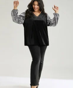 Sequin Patchwork V Neck Lantern Sleeve Sweatshirt -Clothing Shop 653285892 wg