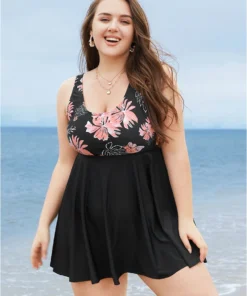 Floral Print Scoop Neck Sculpt Waist Swim Dress -Clothing Shop 653735334 dy