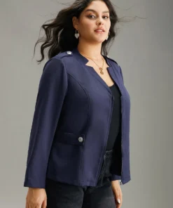 Plain Button Detail Notched Zipper Blazer -Clothing Shop 654009998 gk