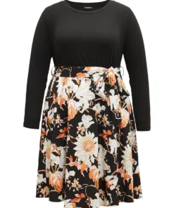 Floral Print Rib Knit Belted Dress -Clothing Shop 654488099 mk