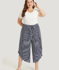 Striped Print Belted Wrap Hem Loose Pants -Clothing Shop 654751681 la