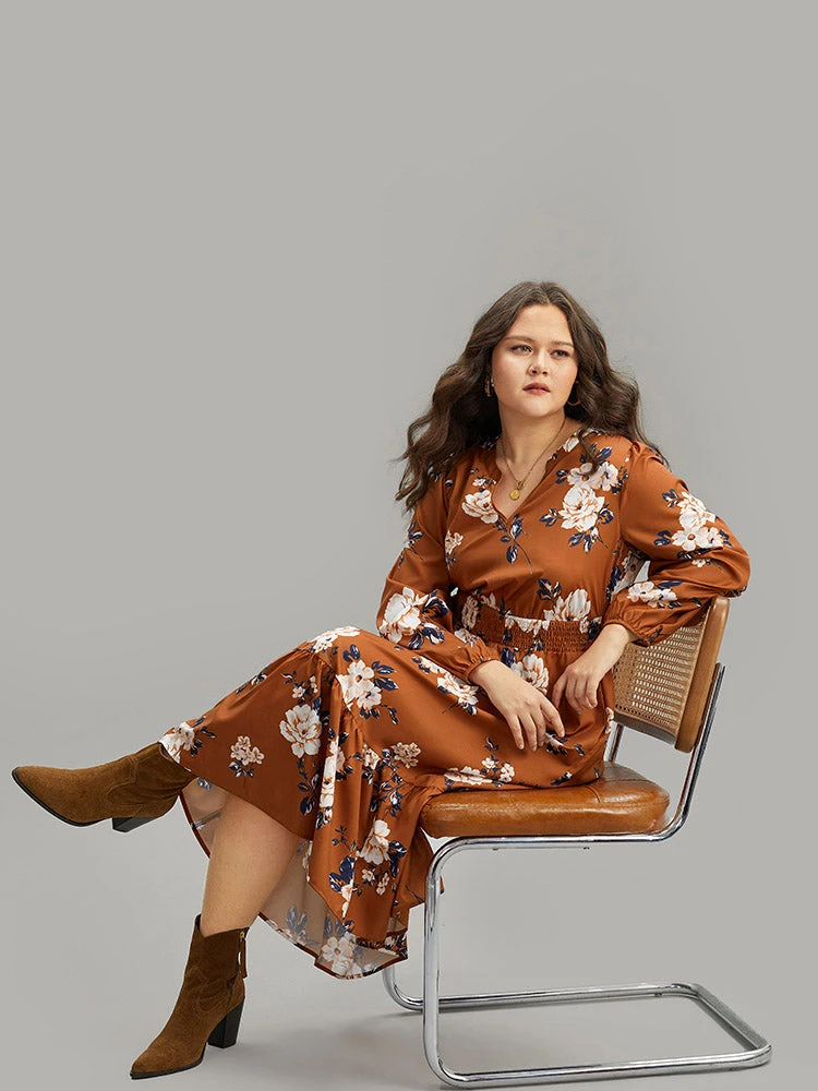 Floral Print Notched Shirred Elastic Cuffs Dress 8 Floral Print Notched Shirred Elastic Cuffs Dress - Image 6