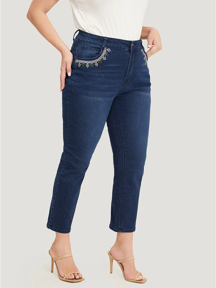 Straight Very Stretchy High Rise Dark Wash Embroidered Trim Jeans 7 Straight Very Stretchy High Rise Dark Wash Embroidered Trim Jeans - Image 5