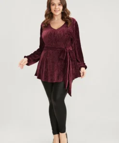 Glitter Textured Lantern Sleeve Belted Ruffle Blouse -Clothing Shop 657795737 ae