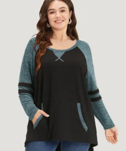 Striped Contrast Pocket Raglan Sleeve High Low Hem Sweatshirt -Clothing Shop 657984048 cy 648ffc45 0160 40c7 8ddf b361cca3ded1