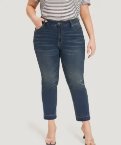 Solid Straight Cutoff Pocket Dark Wash Jeans