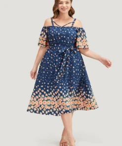 Floral Belted Pocket Ruffles Asymmetrical Cold Shoulder Dress -Clothing Shop 658573560 so