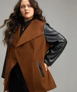 Contrast PU Leather Lapel Collar Pocket Button Up Coat -Clothing Shop 658783932 zn