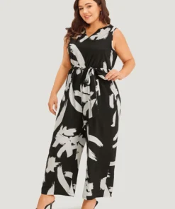 Brush Print Notched Pocket Sleeveless Belted Jumpsuit -Clothing Shop 659331780 dm