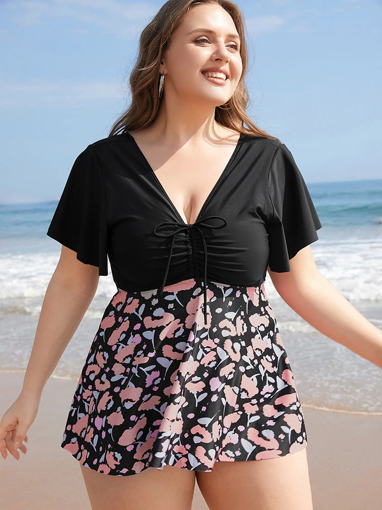 Floral Patchwork Drawstring Ruffle Sleeve Tankini Top 5 Floral Patchwork Drawstring Ruffle Sleeve Tankini Top - Image 3