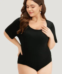 Rib Knit Asymmetrical Neck Short Sleeve Bodysuit -Clothing Shop 659525950 od