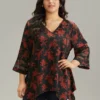 Silhouette Floral Print Patchwork Mesh Hanky Hem Blouse -Clothing Shop 660071012 or