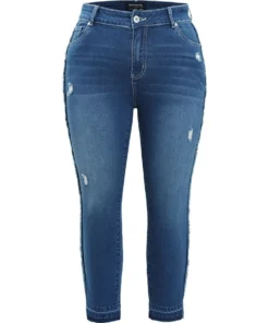 Very Stretchy High Rise Medium Wash Raw Trim Jeans -Clothing Shop 660306014 hx