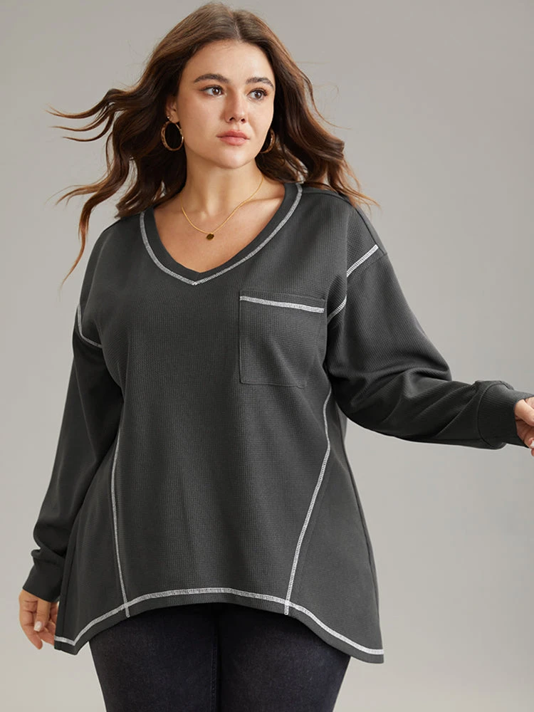 Contrast Stitch Waffle Knit Curved Hem T-shirt 3 Contrast Stitch Waffle Knit Curved Hem T-shirt