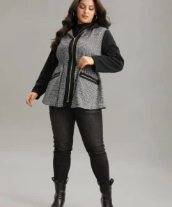 Houndstooth Patchwork Zipper Drawstring Coat -Clothing Shop 660624779 yn