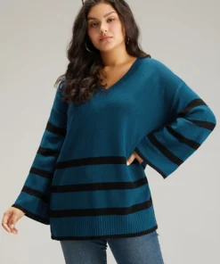 Striped Bell Sleeve Moderately Stretchy Pullover