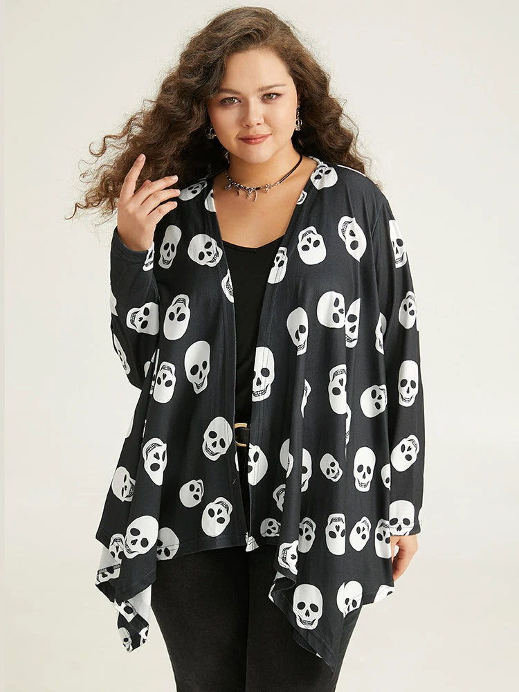 Halloween Skull Print Open Front Hanky Hem Kimono 3 Halloween Skull Print Open Front Hanky Hem Kimono