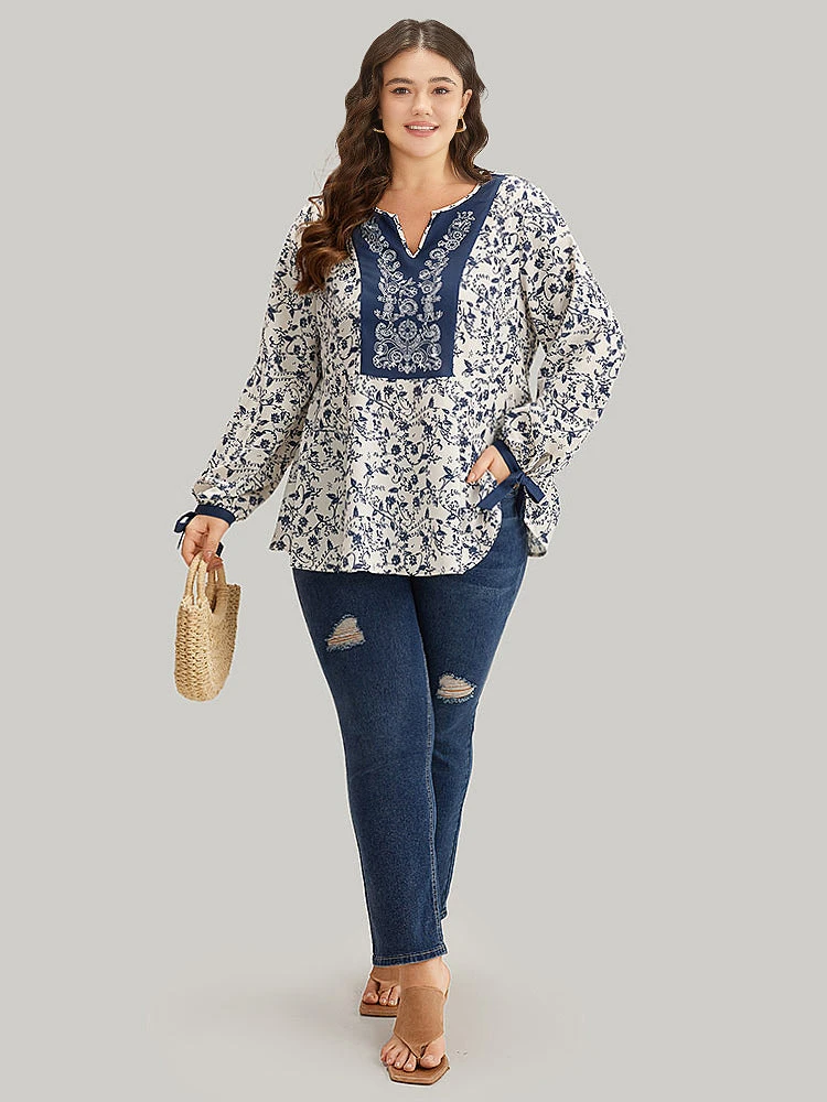 Boho Print Notched Knot Lantern Sleeve Blouse 6 Boho Print Notched Knot Lantern Sleeve Blouse - Image 4