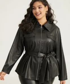 Plain PU Leather Knot Pocket Zipper Belted Jacket -Clothing Shop 661182769 us