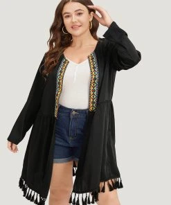 Bandana Print Tassels Trim Open Front Kimono