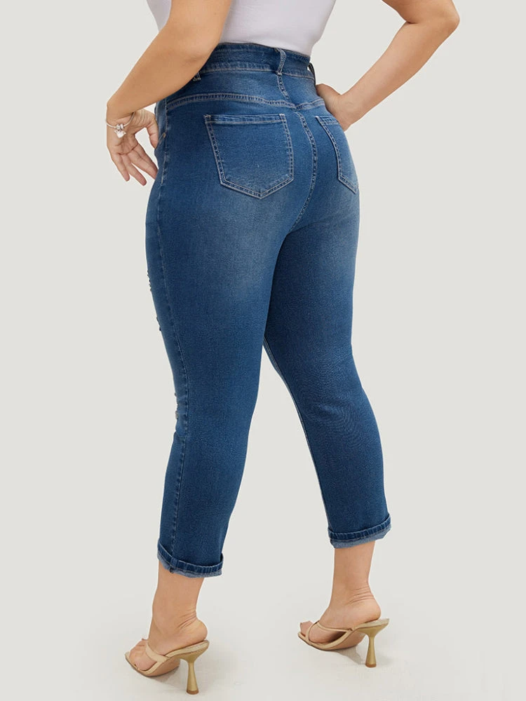 Very Stretchy High Rise Dark Wash Ripped Detail Cropped Jeans 7 Very Stretchy High Rise Dark Wash Ripped Detail Cropped Jeans - Image 5