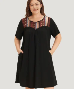 Supersoft Essentials Geometric Print Patchwork Gathered Ruffle Sleeve Dress