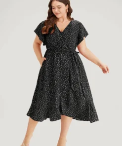 Ditsy Floral Overlap Collar Bowknot Flutter Hem Dress -Clothing Shop 662088752 de de2359ec dc32 4d07 8c07 a016d6ac7972
