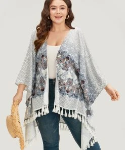 Bandana Print Tassels Trim Batwing Sleeve Kimono