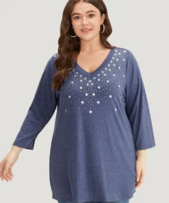 Star Print V Neck T-shirt 13 Star Print V Neck T-shirt -Clothing Shop 663096952 yq