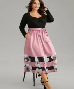 Floral Contrast Ruched Square Neck Belted Dress -Clothing Shop 663691761 wi