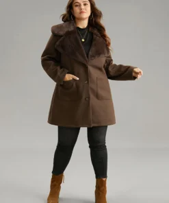 Plain Lapel Collar Fuzzy Trim Patchwork Button Up Coat -Clothing Shop 664617083 br