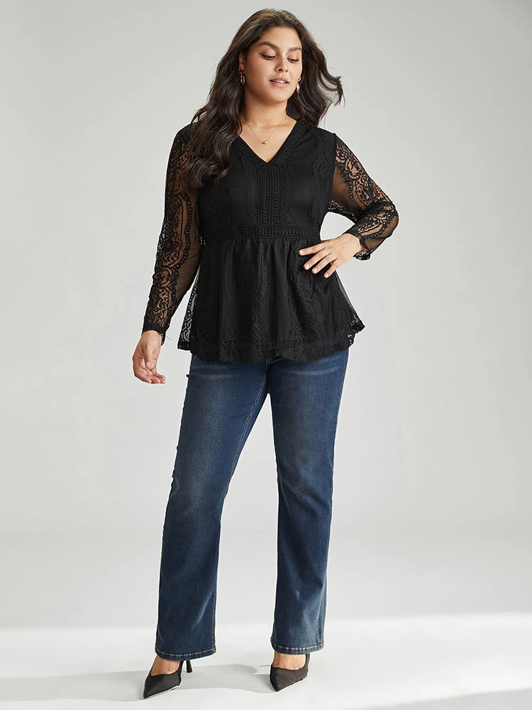 Solid Guipure Lace Mesh Elastic Waist Blouse 6 Solid Guipure Lace Mesh Elastic Waist Blouse - Image 4