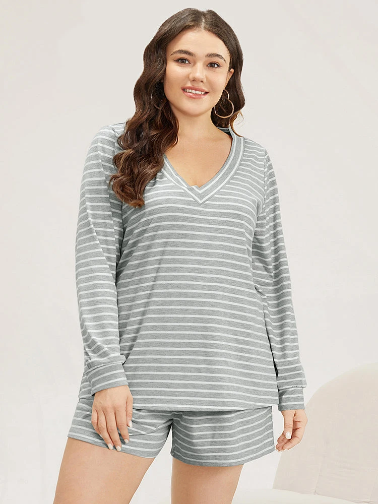 Striped Print V Neck Sleep Top 3 Striped Print V Neck Sleep Top