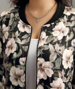 Floral Print Patchwork Zipper Jacket -Clothing Shop 666003161 kn